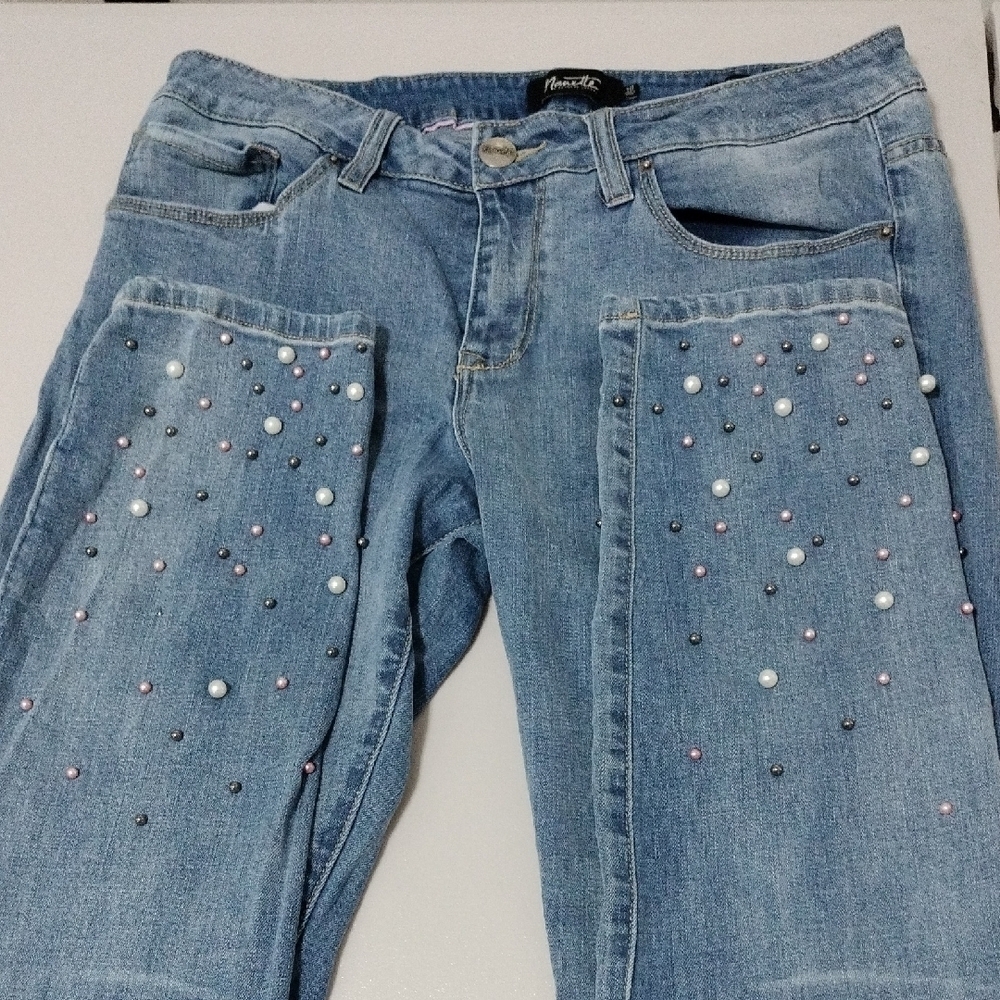Nanette Lepore Light Blue Ankle Jeans with Pearl Details - Picture 4 of 9